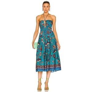 $495 NWOT Ulla Johnson Ella Dress Size 0 Teal Batik Floral Boho Midi Halter